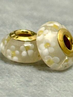 White Floral Murano charms set with Gold Core fit Pandora bracelets